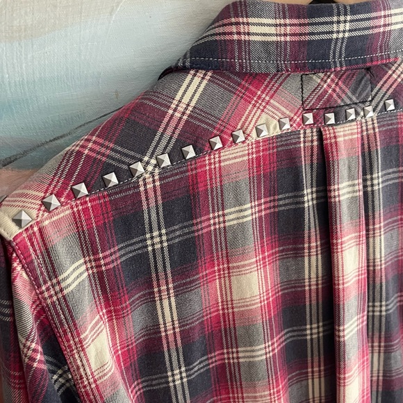 Current/Elliott The Perfect School Shirt Red Revival Plaid with Studs - Picture 8 of 13